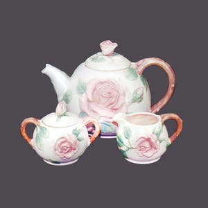 Vintage Fitz & Floyd Blushing Rose Teapot Set: Majolica Porcelain, Japan