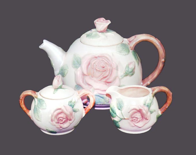 Vintage Fitz & Floyd Blushing Rose Teapot Set: Majolica Porcelain, Japan