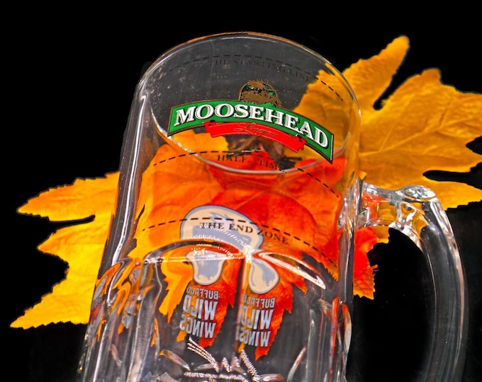 Moosehead Lager Buffalo Wild Wings 24 oz football half-time glass stein. Etched-glass branding.