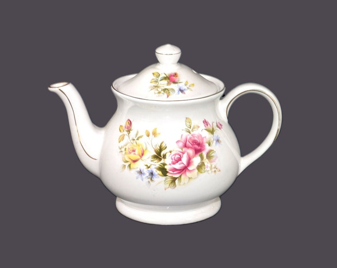 Sadler four-cup teapot with gold edge and accents. Pink and yellow roses. Made in England.