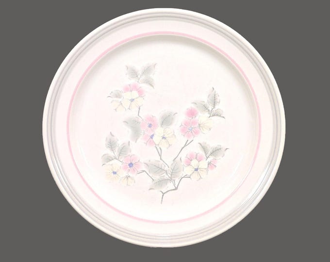 Japan Stoneware large dinner plate. Pink and grey bands, pink and cream flowers. Sold individually.