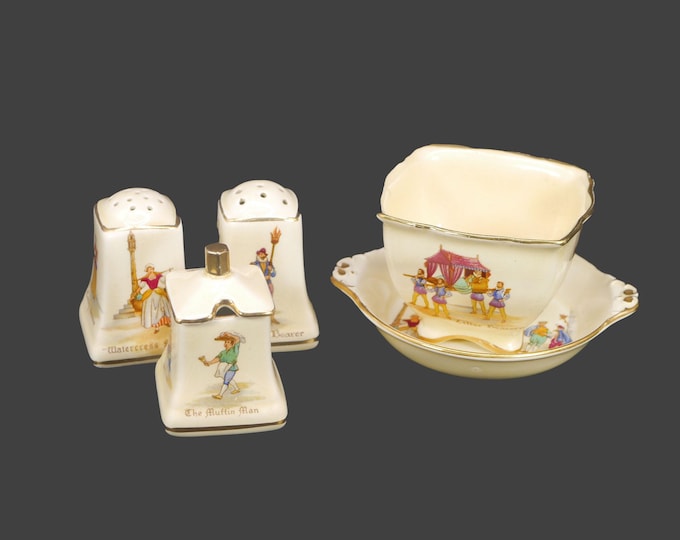 Royal Winton Grimwades Old English Markets. Salt and pepper shakers, mustard pot with tray, sugar bowl. Made in England.