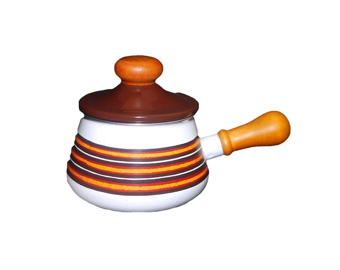 Levcoware enamelware fondue pot | saucepan with lid and wooden handle. Made in Japan. Brown stripes on white.