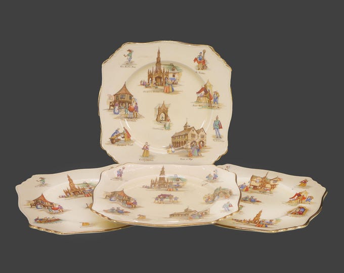 Four Royal Winton Grimwades Old English Markets squared luncheon plates made in England.