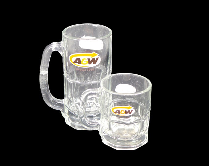 A&W Root Beer mug. Etched-glass French and English branding. Choice of size. Sold individually.