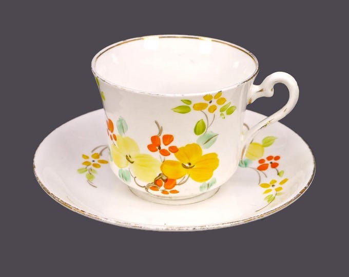 Almost antique Phoenix Bone China hand-painted cup and saucer | tea set made in England. Orange, yellow flowers. Flaws (see below).
