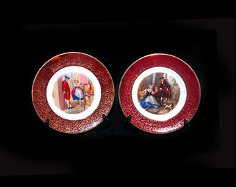 Pair of Wood & Sons Cries of London decorative cabinet wall display plates. Cherry Seller, Oranges seller. Maroon rim.