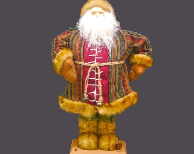 Bobble-Head Santa Figurine: Fur Trim, Burlap Sack, Wooden Stand, 21.5" Tall