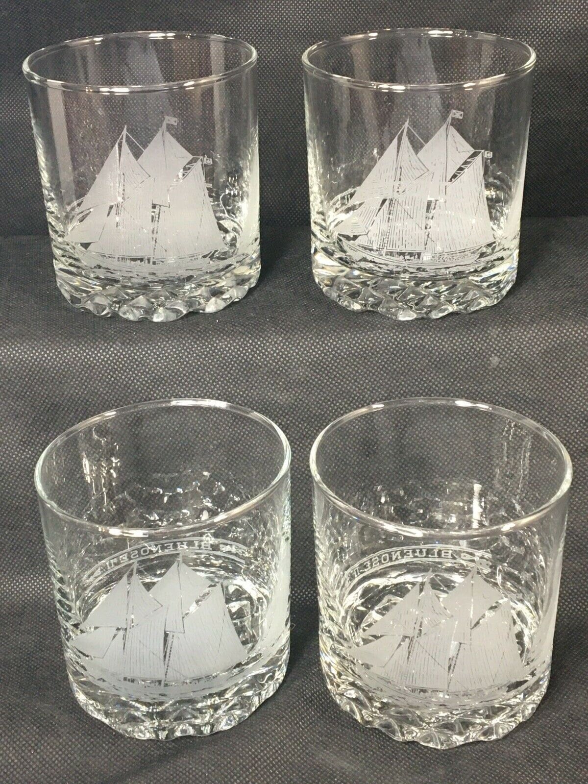 Pair of Bluenose II sailing ship etchedglass lo ball, whisky, old
