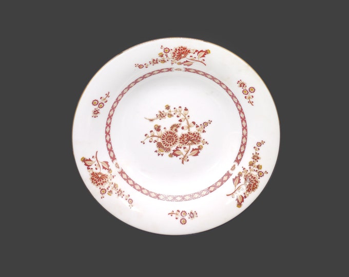 Liling Cathay rimmed soup bowl. Brown flowers on white, gold trim. Sold individually.