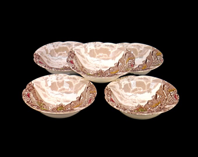 Set of five vintage Johnson Brothers Olde English Countryside Multicolor transferware rimmed cereal bowls made in England.