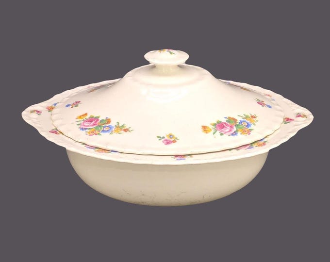 Myott June Roses covered, lugged serving bowl made in England. Flaws (see below).