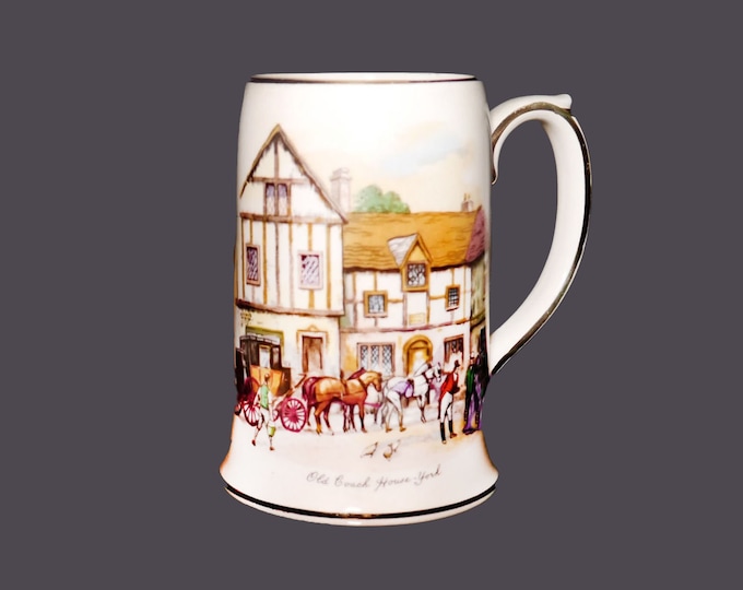 Sadler Old Coach House York beer tankard | stein. Tudor-era coach house and carriage scene. Made in England.