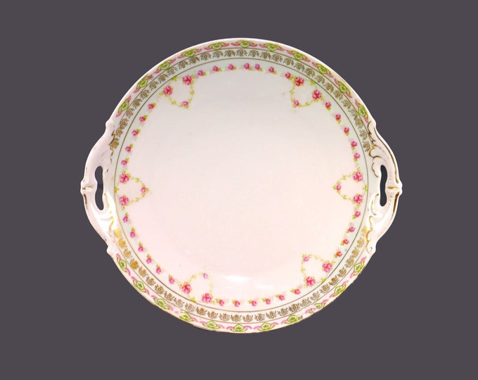 Antique Edwardian Age MZ Austria | Moritz Zdekauer | Altrohlau 1003 handled cake serving plate made in Austria. Pink rose swags.