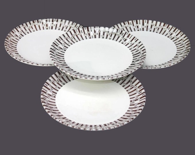 Four Crown Lynn Espresso dinner plates. Vaiselle en Gres ironstone made in The Philippines. Flaws (see below).