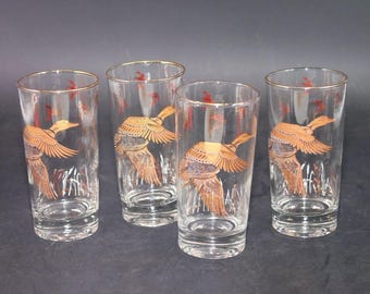 Four MCM Libbey Glass Gold Canada Goose high-ball | tumbler glasses. Etched-glass artwork, gold rims.