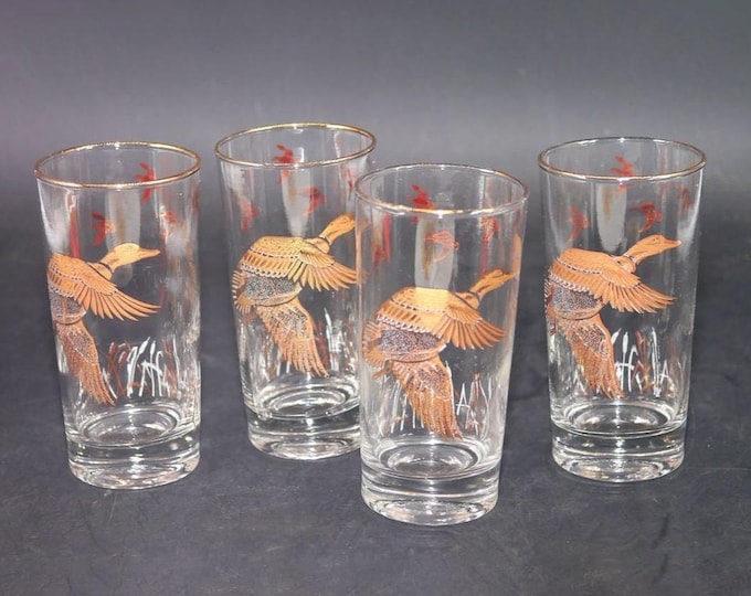 Four MCM Libbey Glass Gold Canada Goose high-ball | tumbler glasses. Etched-glass artwork, gold rims.