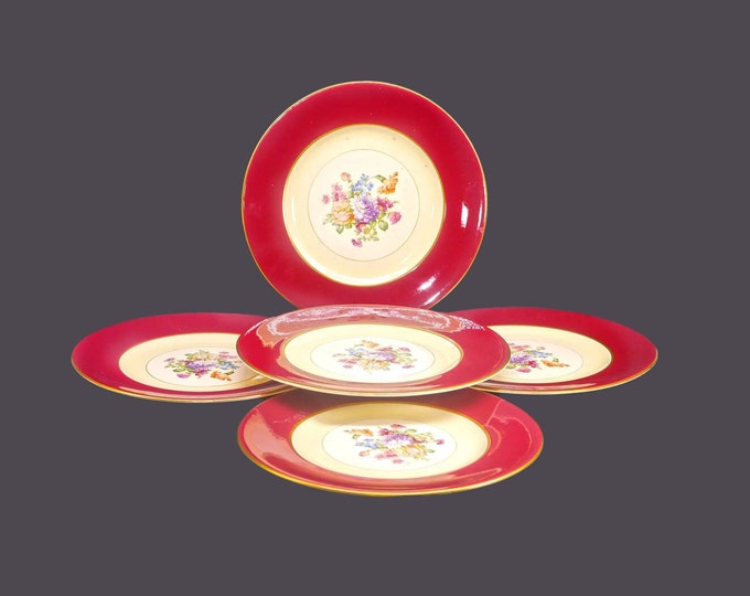 Five Fondeville 6841 Burgundy large dinner plates. Ambassador Ware ironstone made in England. Flaws (see below).