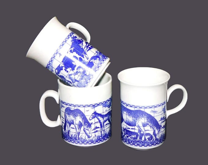 Three Churchill China blue-and-white Country Life coffee and tea mugs. Cows and Horses. Made in England.