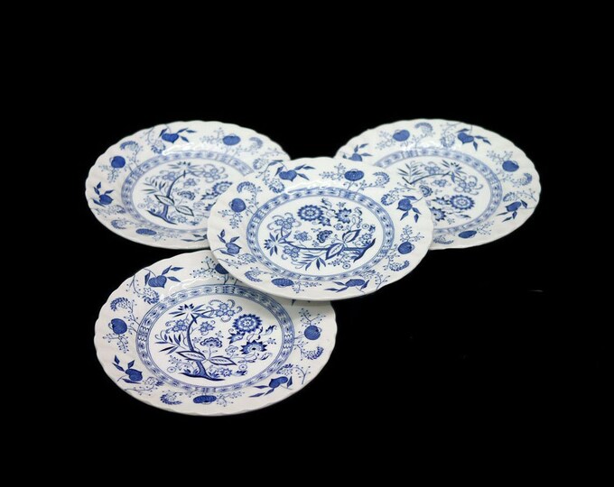 Set of four vintage (1960s) Johnson Brothers Nordic bread, dessert, side plates made in England. Classic Blue Onion.