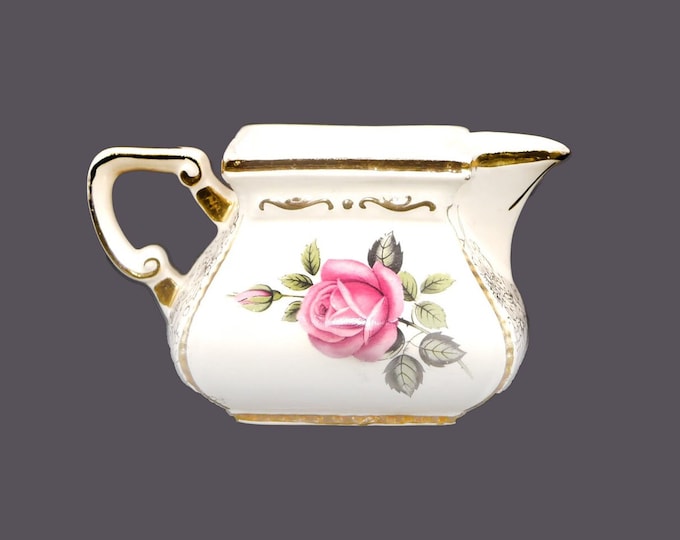 Wood & Sons Ellgreave creamer jug. Pink roses, gold floral chintz, embossed gold. Made in England. Flaw (see below).