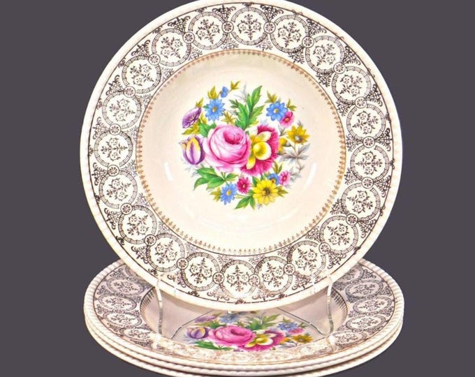 Four Fondeville Athlone rimmed soup bowls. Ambassador Ware ironstone made in England.