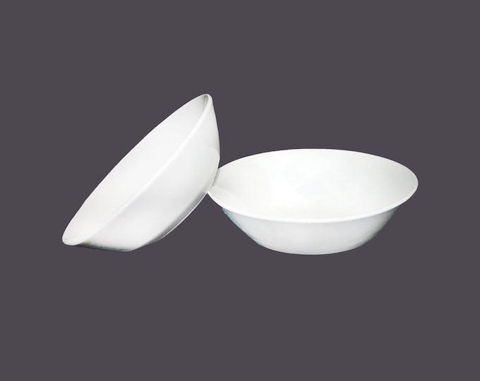 Pair of Johnson Brothers Tivoli coupe cereal bowls. Classic all-white ironstone made in England.