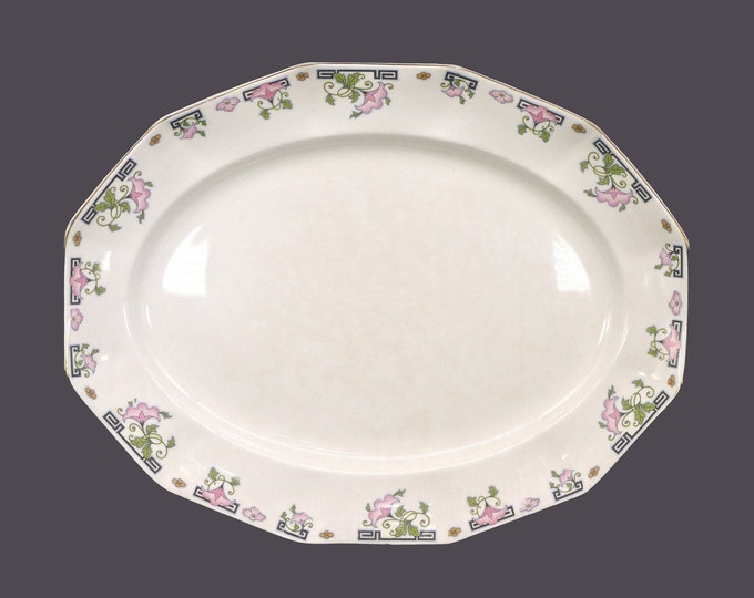 Antique Johnson Brothers JB197 multi-sided meat platter made in England. Pink flowers, black greek key.