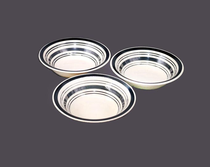 Three Royal Norfolk black-and-white striped coupe stoneware cereal bowls. Flaws (see below).