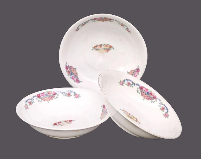 Three Victoria China 264 fruit nappies, dessert bowls made in Czechoslovakia. Flowers in basket. Flaws (see below).
