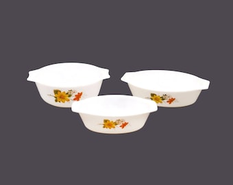 Three JAJ | Pyrex Autumn's Glory | Dahlia Cinderella bowls made in England.