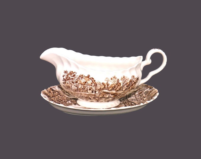 Johnson Brothers Cotswold Brown transferware gravy boat with under-plate made in England.