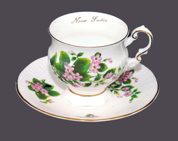 Elizabethan Mayflower cup and saucer set made in England. Canadian Provincial Flowers series. Nova Scotia floral emblem.