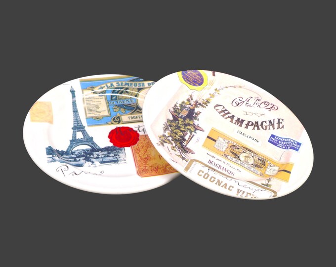 Pair of Rosanna Eiffel Tower Paris Scenes Champagne Montparnasse hors d'oeuvre, tidbit plates made in Italy. Sold in pairs.