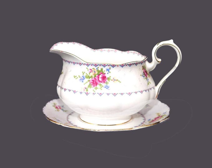 Royal Albert Petit Point gravy boat with round under-plate. Bone china made in England.