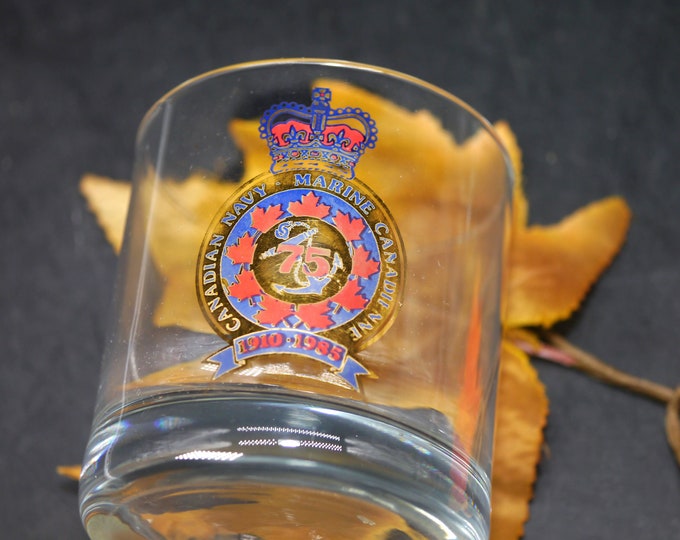 Canadian Navy 75th year 1985 anniversary lo-ball, whisky, on-the-rocks glass. Royal Canadian Navy seal, emblem.