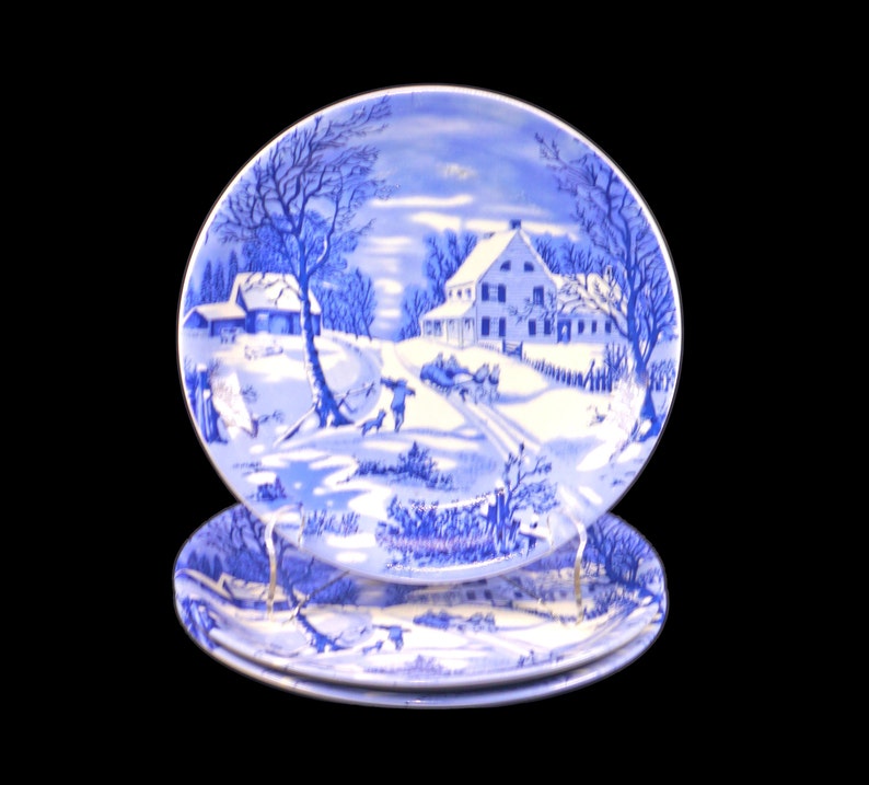 Three Currier & Ives Blueandwhite Christmas Salad Plates. Etsy Canada