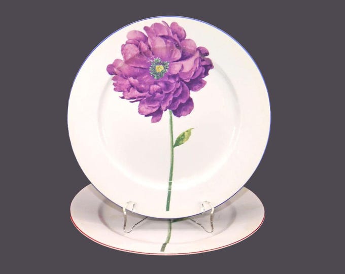 Pair of Muti Flower Power | Flower Show | Poppy porcelain luncheon plates. Central flowers in purple, red coordinating trim. Flaws.