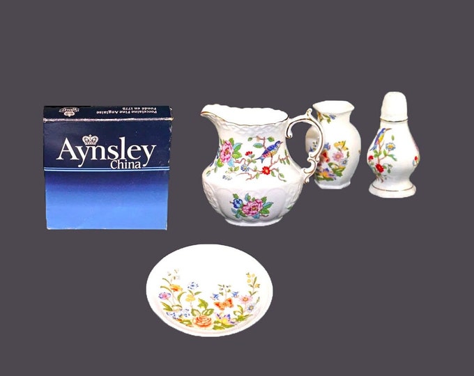 Four pieces of Aynsley Pembroke and Cottage Garden tableware. Salt shaker, bud vase, creamer, trinket dish made in England.