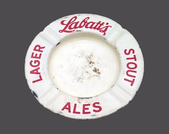 Antique Labatts Stout Lager ale tin litho ashtray. Red Labatt's cursive logo.