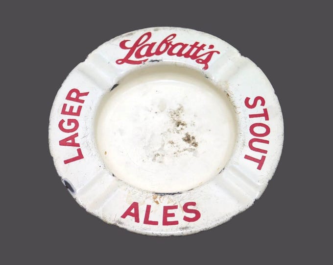Antique Labatts Stout Lager ale tin litho ashtray. Red Labatt's cursive logo.