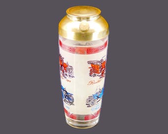 MCM Hazel Atlas Cocktail Shaker: Frosted Glass Antique Car Design. Mid-century barware.