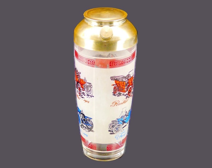 Hazel Atlas cocktail shaker | martini shaker | jigger with removable cap. Antique cars, frosted glass, metal cap and lid. MCM bar.