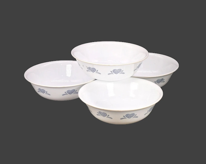 Four Corelle Corningware Blue Hearts coupe cereal bowls made in USA.