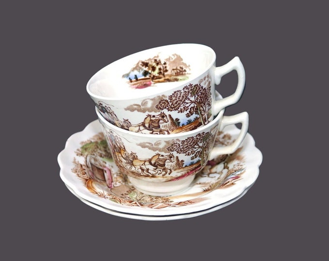 Pair of Ridgway Coaching Days cup and saucer sets. Multicolor transferware Coaching Scene made in England.