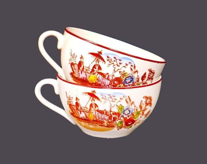 Pair of antique Gilman & C TA Sacavem Chinez Chinoiserie orphaned tea cups only made in Portugal. Flaws (see below).