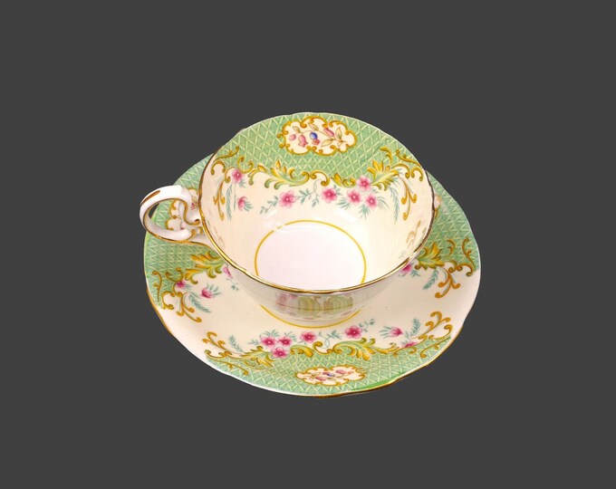 John Aynsley 7194 hand-decorated wide-mouth cup and saucer set. Bone china made in England.