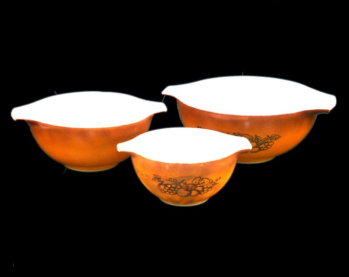 Three Pyrex Old Orchard Cinderella nesting | mixing bowls made in USA.