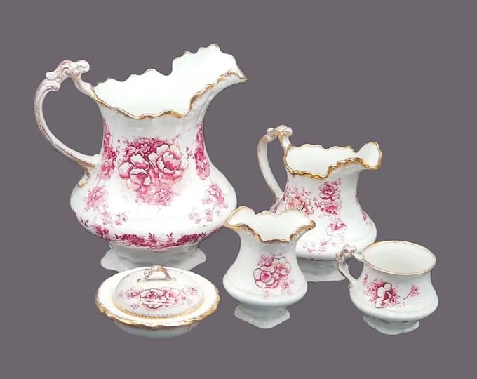 Antique Victorian lavatory set. William Adams & Co Portia. Made in England. Cranberry florals. Great antique bathroom decor.