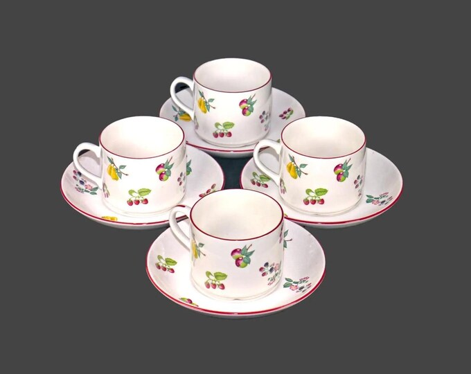 Four Wade Summer Fruit Burgundy cup and saucer sets made in England. Burgundy trim.